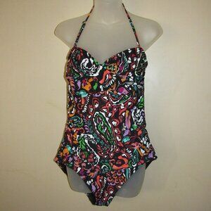 Anne Cole Twist Front Shirred One Piece Swimsuit Women's XL Black Paisley Artsy